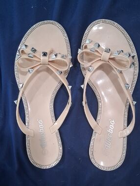 Nude Bow Studded Rhinestone Trim Women's Sandals